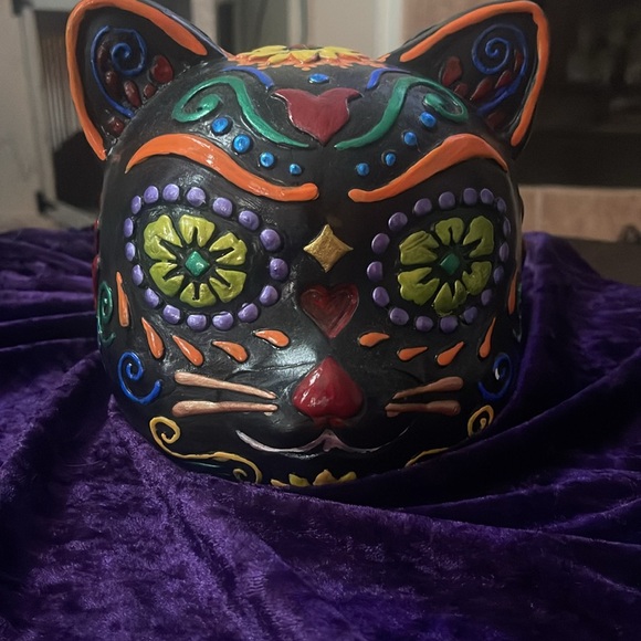 Hand Painted Ceramic Cat Head Dia De Los Muertos Sugar Skull - Picture 5 of 5